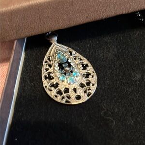 Sorrelli Elegant Silver Filigree Teardrop Pendant with blue stones